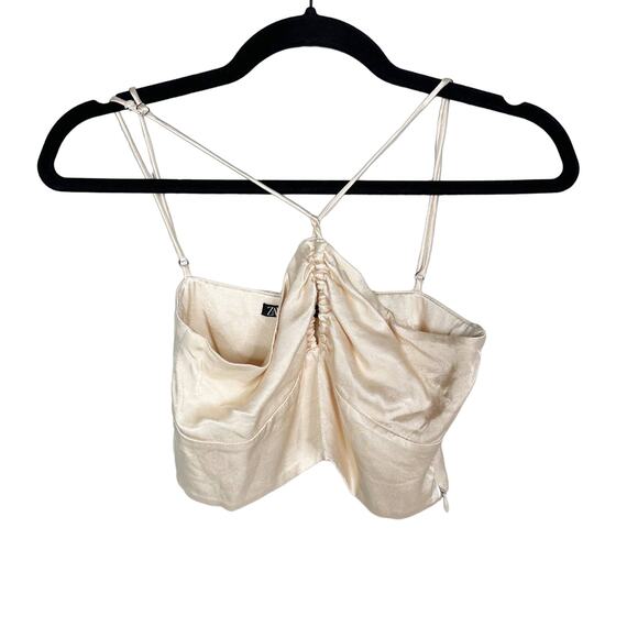 Zara XS Light Pink Cropped Halter Top with Keyhole Front Criss Cross Side Zip - Picture 1 of 6